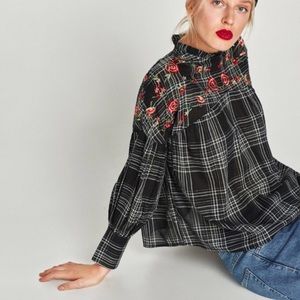 ZARA EMBROIDERED PLAID TOP